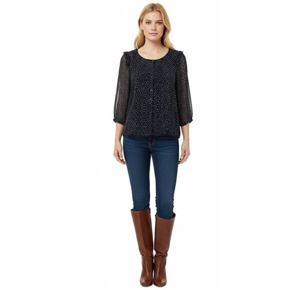 PINS & NEEDLES, Beautiful Boho navy blue polka dot print sheer blouse - Picture 2 of 6